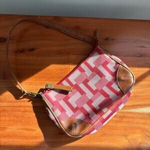 Y2K Vintage Nine West Cloth Handbag Geometric Red Pink Tan Leather Trim Small